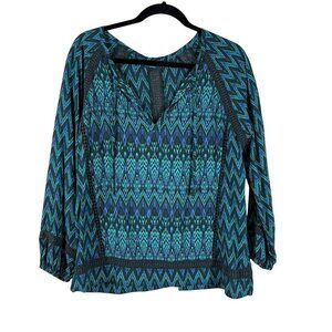 Prana Green Chevron 100% Modal Lightweight 3/4 Sleeve Blouse Women's Size Large